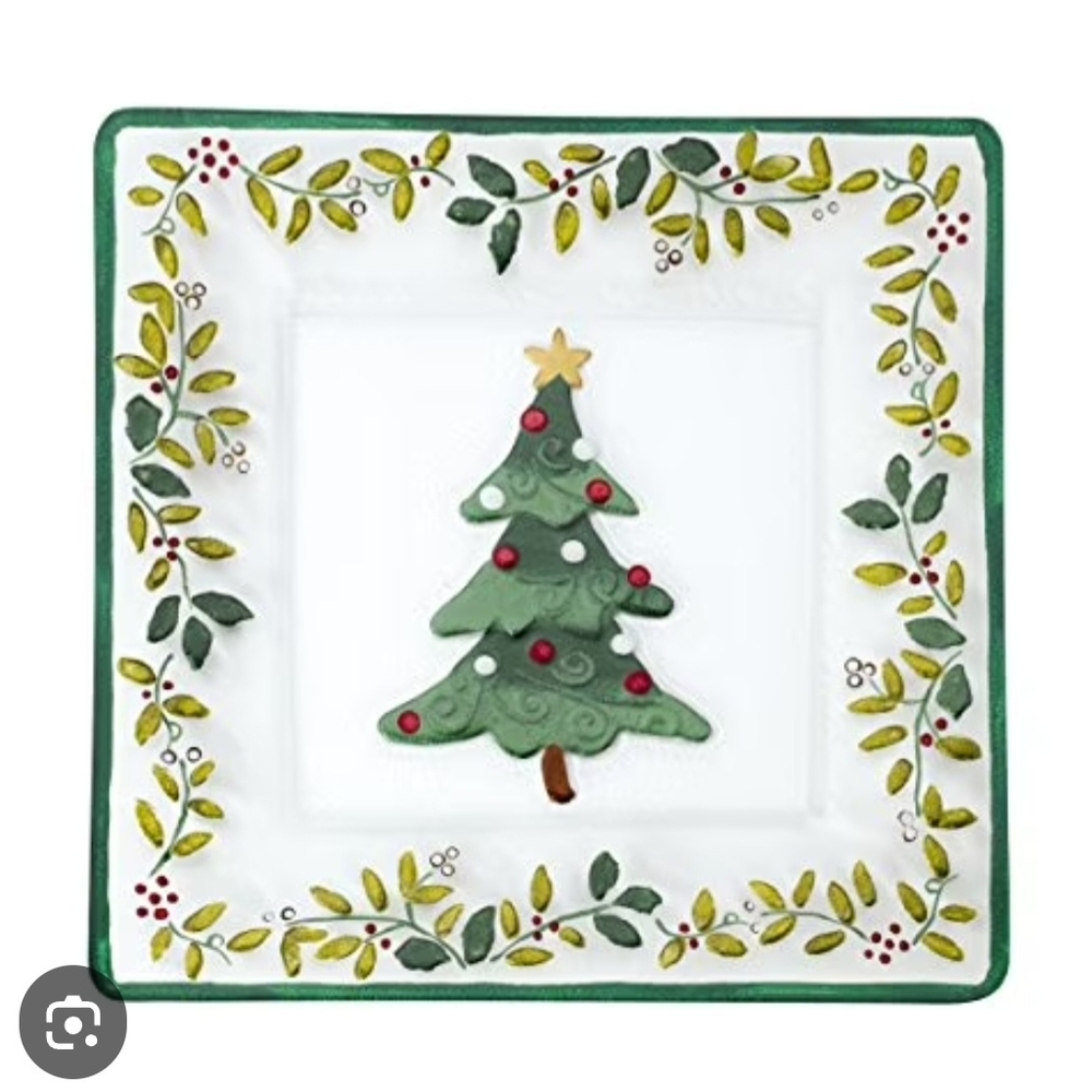 Pfaltzgraff Winterberry Square Glass Hand Painted Platter Christmas Tree Holly